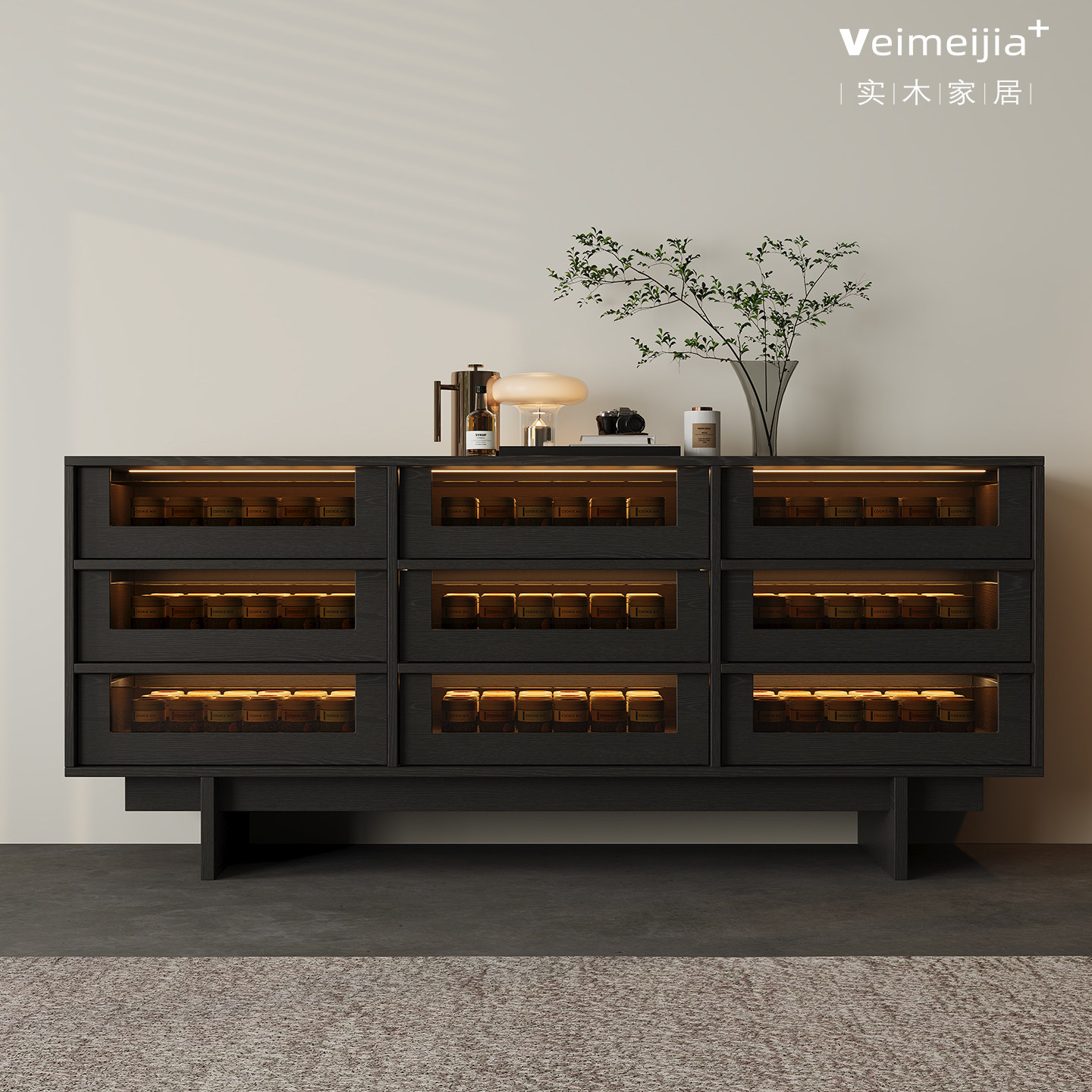 定制复古风实木餐边柜现代简约多层抽屉收纳柜带灯带玻璃储物柜,住宅家具,餐边柜,淘宝优惠券,粉丝福利购,淘宝优惠卷