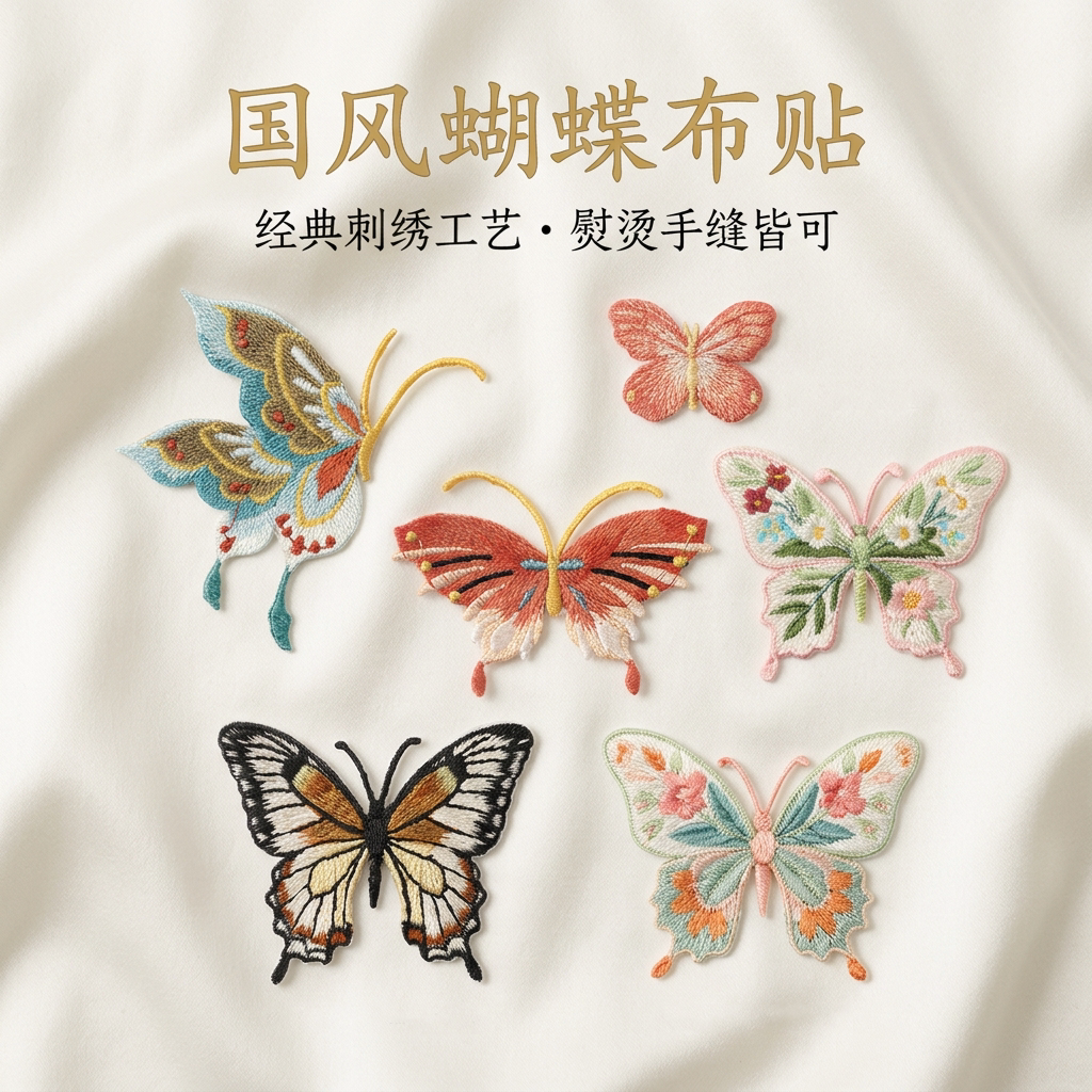 国风蝴蝶刺绣布贴熨烫手缝汉服旗袍衣服装饰补丁贴手工DIY绣花贴