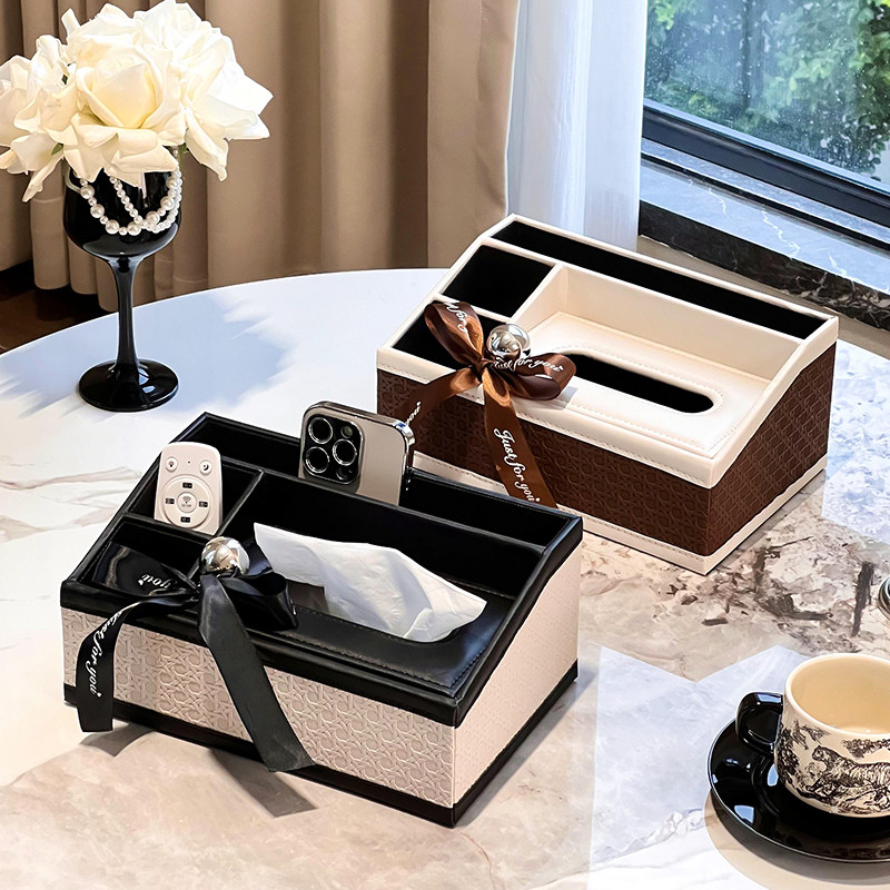 尊慕斯轻奢编织纹皮革纸巾盒客厅卧室桌面纸巾护肤品多功能收纳盒