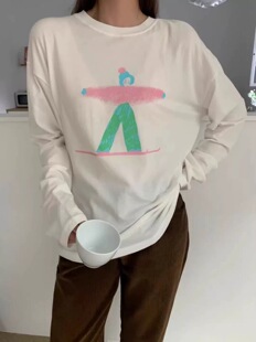 韩系东大门同款手绘滑雪图案白T恤 软糯亲肤宽松显瘦长袖内搭上衣
