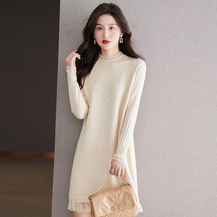 2025冬季米色半高领毛衣裙女韩版宽松中长款蕾丝针织连衣裙厚