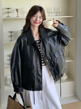 ins超火黑色翻领皮衣外套女2025春秋新款高品质酷飒机车夹克上衣