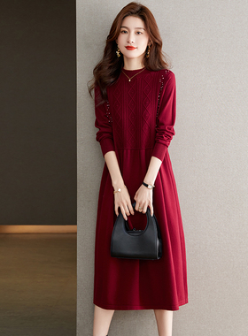 羊毛连衣裙女春秋2025新款喜婆婆婚宴装红色长裙子秋冬针织打底裙