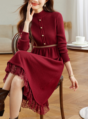 2025新款针织打底连衣裙女士秋冬配大衣红色内搭中长款蕾丝毛衣裙