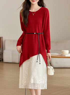 法式气质闪闪亮片红色连衣裙2025新款女装秋季打底针织毛衣长裙子