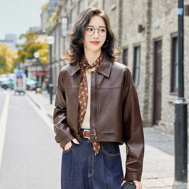 短款皮衣外套女2026秋装新款翻领150CM小个子机车皮夹克港风复古