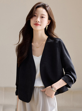 2025秋装新款黑色短款西装高级感极简风气质长袖薄款小众外套女士