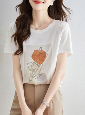 圆领白色短袖t恤女短款夏季2025年新款薄款雪纺上衣洋气减龄体恤