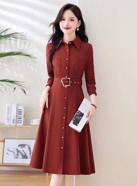 安可拉红色长袖衬衫连衣裙女2025春秋新款轻熟风气质收腰显瘦裙子