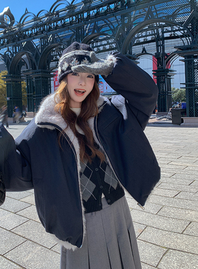 藏蓝色两面穿羊羔毛外套女冬季2025新款小个子短款加绒加厚派克服