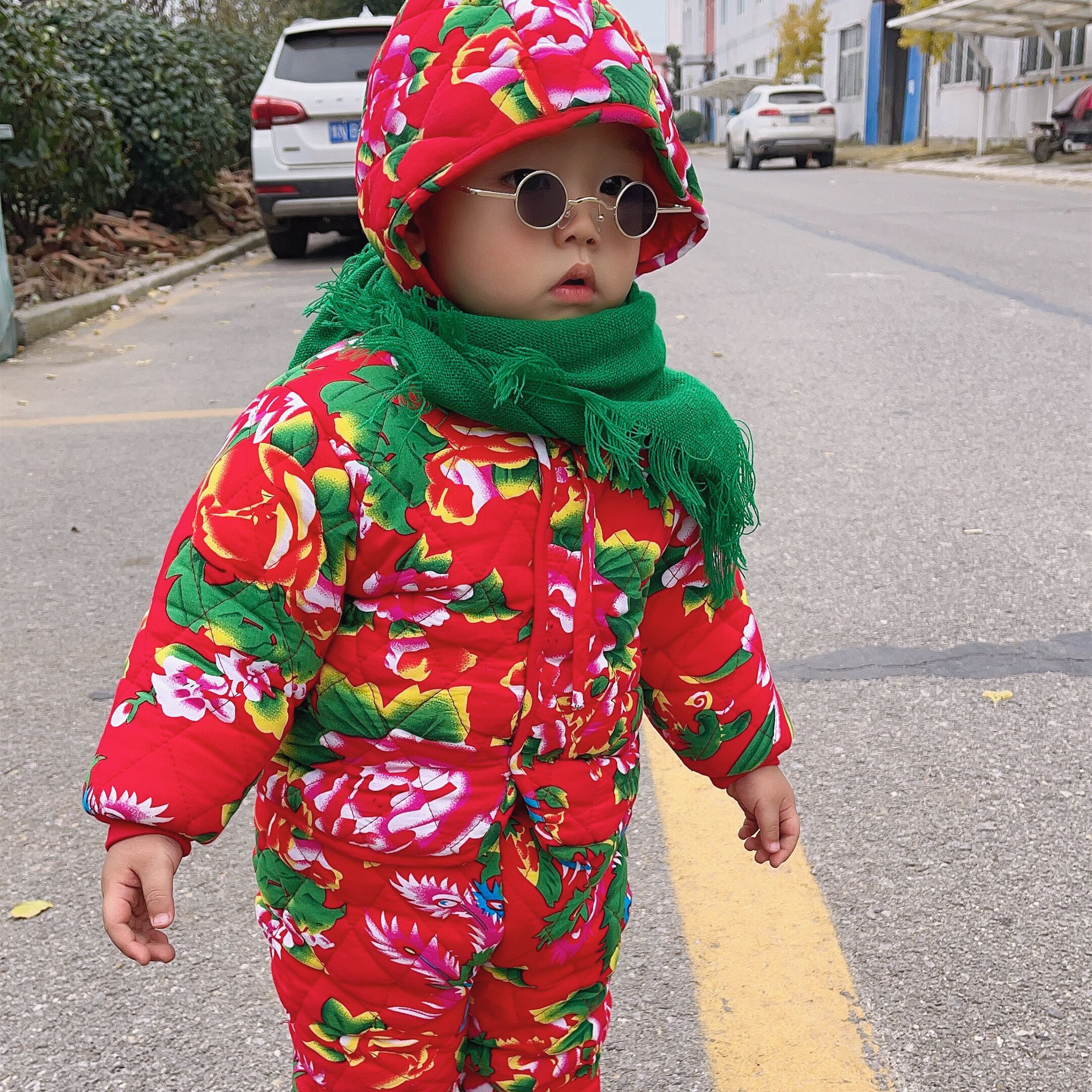 加绒东北大花棉袄套装喜庆冬季