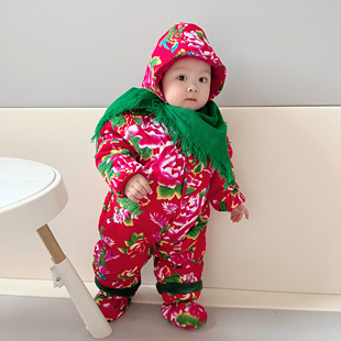 宝宝东北大花哈衣秋冬装婴幼儿冬季加绒加厚过年服连婴儿网红体衣