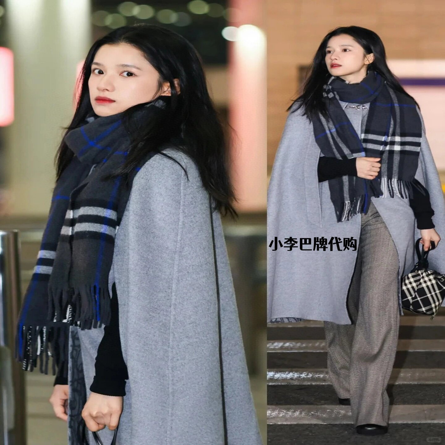 正品代购女士围巾厚黑白格子张婧仪同款流苏羊绒羊毛秋冬季披肩
