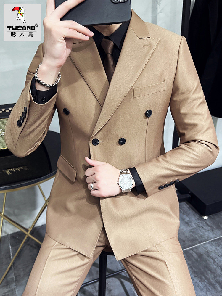 WOODPECKER HIGH-END SENSE NEW SUIT SUIT MENS KOREAN VERSION OF THE TIDE SLIM BUSINESS CASUAL GROOM WEDDING BEST MAN DOUBLE ROW