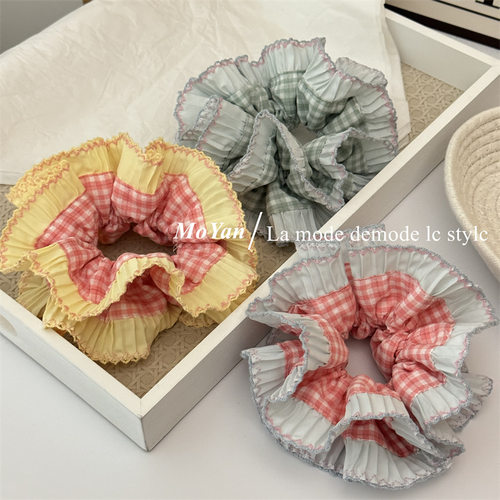 韩系新款彩色格子木耳花边布艺大肠发圈甜美气质头绳百搭马尾发绳