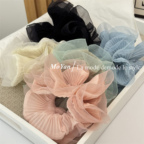 韩版新款褶皱欧根纱木耳边大肠发圈高级感扎头绳甜美气质头花发绳