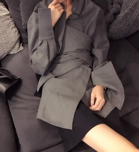 2018秋冬宽松交叉不规则设计衬衫chic港味显瘦时髦慵懒风长袖衬衣