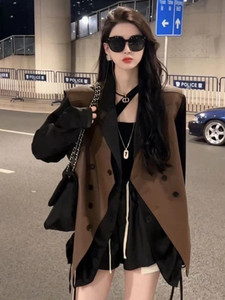 网红气质套装女秋季不规则抽绳修身西装衬衫坎肩休闲马甲三件套潮