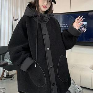欧货时尚连帽拼接羊羔毛外套女秋冬韩版百搭气质皮毛一体加厚上衣