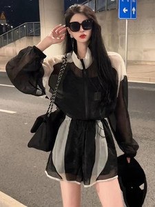 2023夏季新款气质撞色抽绳宽松防晒薄外套女+时尚高腰短裤两件套