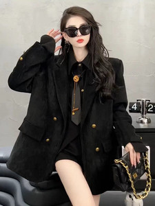 欧货时尚套装女冬高级感气质加厚羽绒西装外套翻领开叉上衣两件套