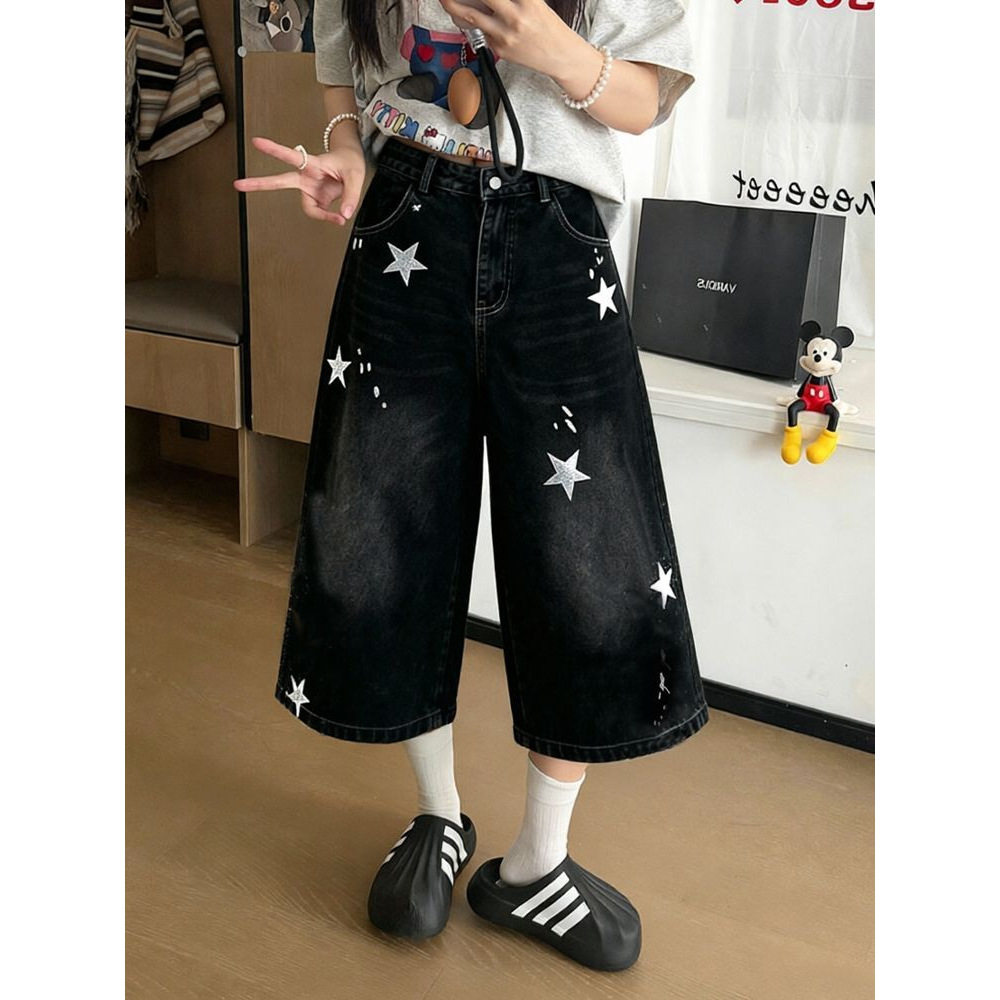 美式复古星星印花黑色牛仔七分裤裤子女款2026夏季新款宽松短裤