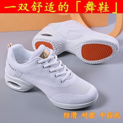 2025新款广场舞蹈鞋夏季女款网面透气舞鞋软底中跟女式飞织跳舞鞋