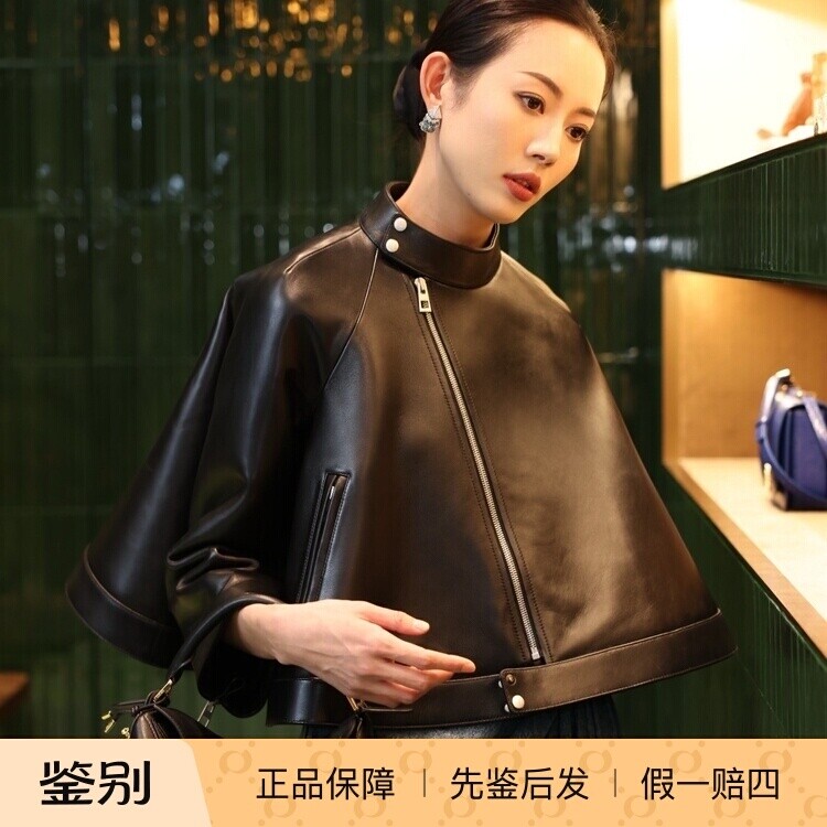 棕色真皮斗篷短外套 Loewe罗意威 2025春季新款女装