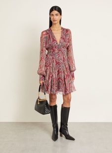 V领雪纺连衣裙 红色印花长袖短裙 Etro艾绰2025秋季新款女装