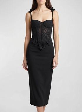 黑色修身蕾丝吊带连衣裙 鱼骨抹胸 David Koma 2026春夏新款中长