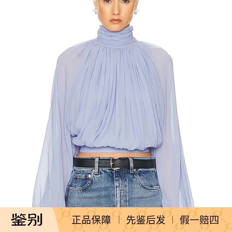 浅蓝色高领灯笼袖短款上衣雪纺褶皱开衩露背Stella Mccartney 25