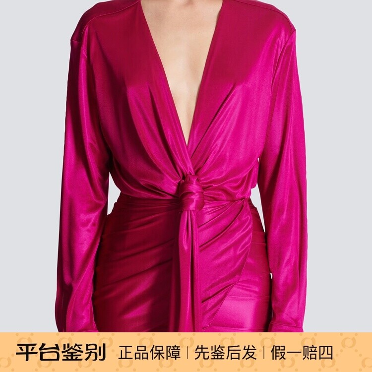 玫红色深V领连衣裙 褶皱长袖短裙 BALMAIN 巴尔曼 2025秋款