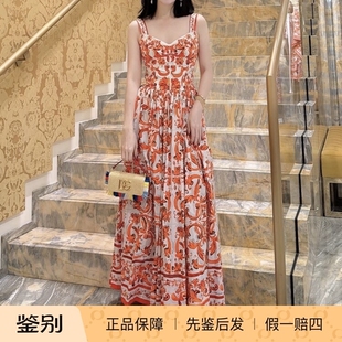 红色印花长款吊带背带连衣裙 DG杜嘉班纳2026秋款女装