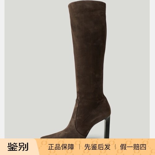 深棕色麂皮绒面尖头高跟高筒靴子 Saint Laurent YSL圣罗兰2026秋