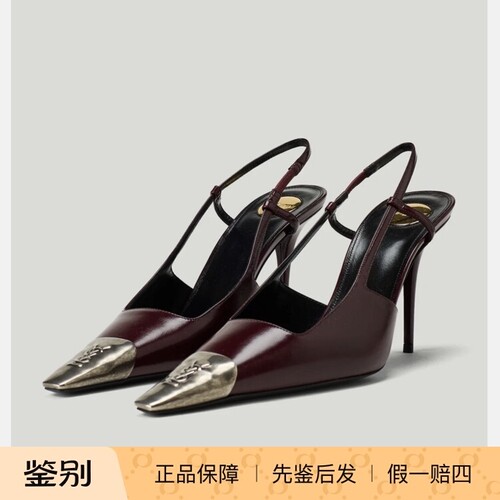 酒红色真皮细高跟凉鞋 金属包头尖头 YSL圣罗兰2026秋款女鞋