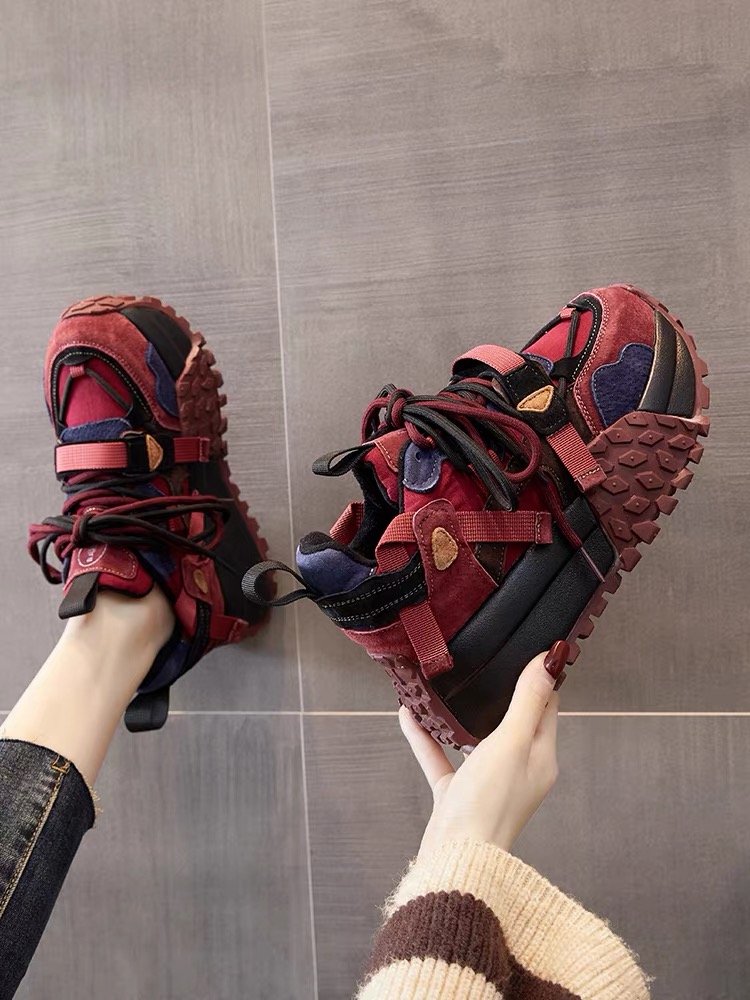 欧洲站真皮厚底增高阿甘鞋女2025春季新款拼色松糕老爹鞋运动鞋潮