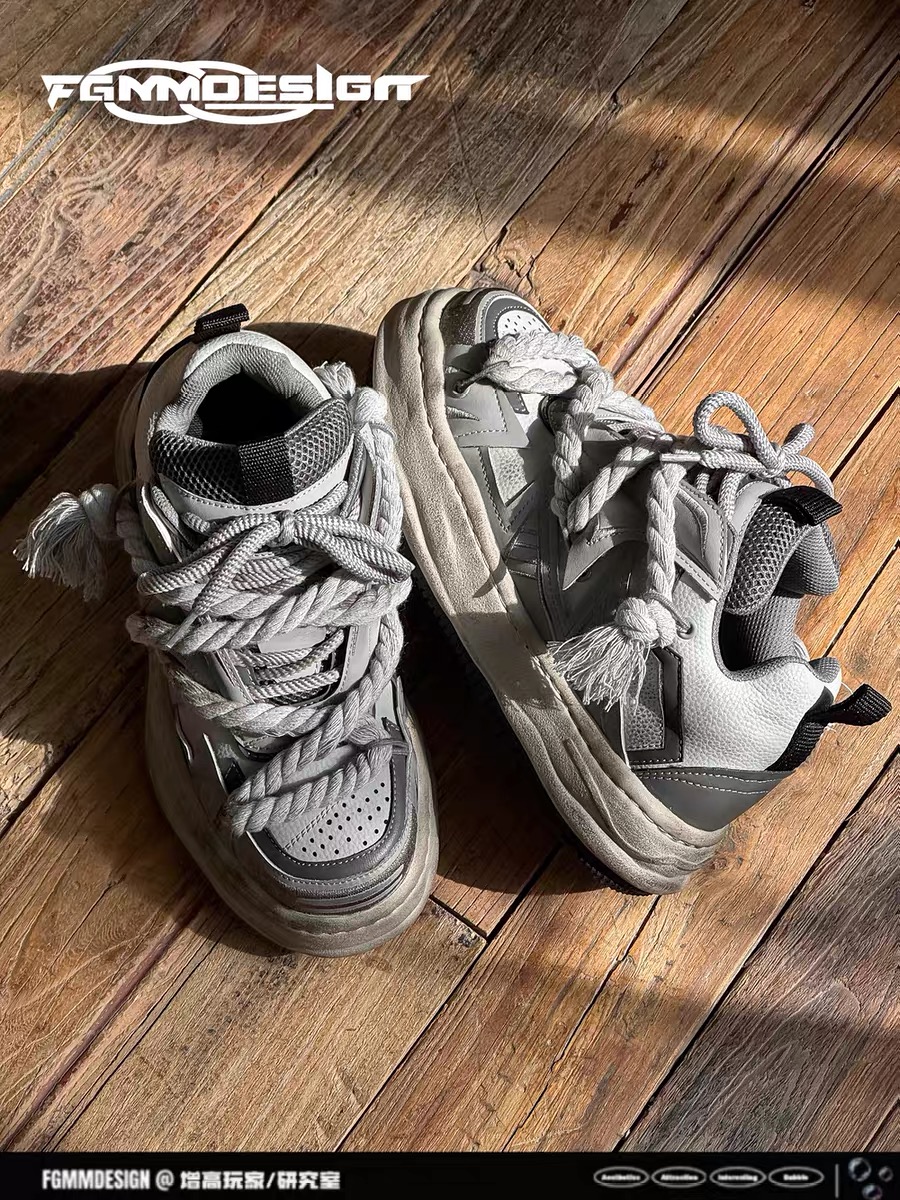 手工原创隐形增高7CM板鞋男款秋季做旧溶解鞋厚底小众面包鞋子女