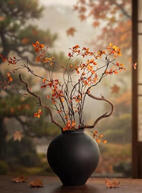 景德镇陶瓷花瓶摆件客厅插花餐桌干花仿真花中式复古陶罐黑色大肚