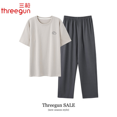 三枪纯棉睡衣男士夏季薄款短袖长裤全棉家居服夏天休闲可外穿套装