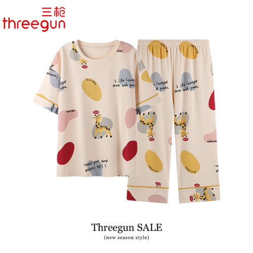 三枪睡衣女款夏季纯棉短袖七分裤全棉圆领卡通家居服套装夏天女士