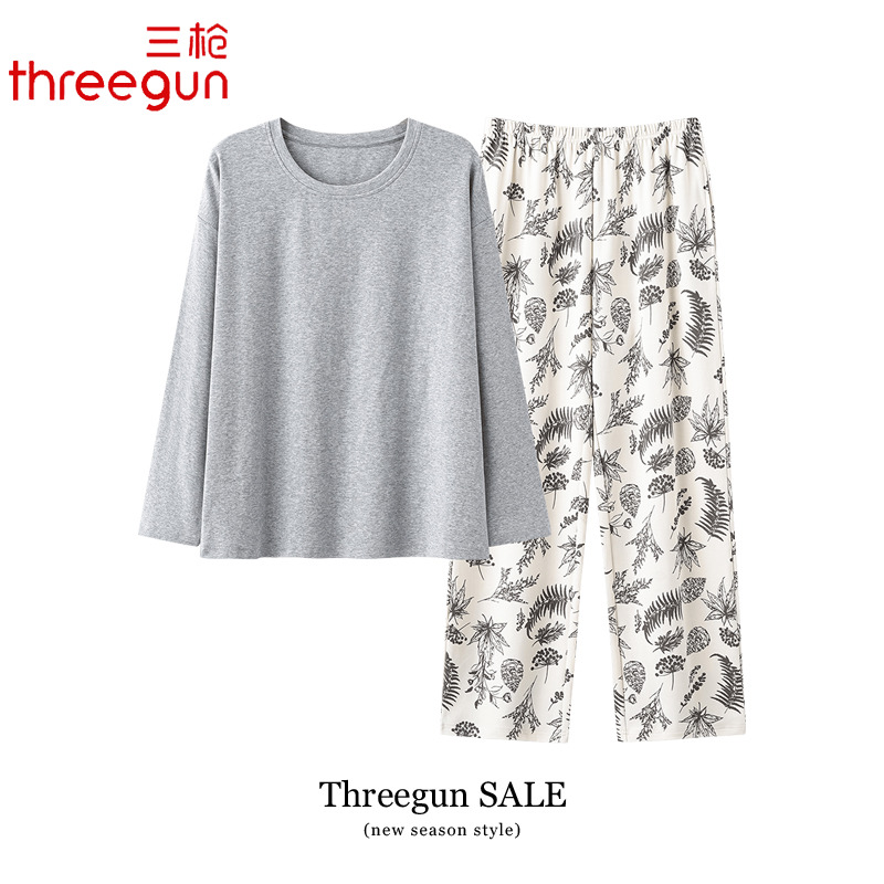 三枪7A抗菌睡衣女士春秋裤纯棉圆领休闲家居服秋天全棉套装可外穿