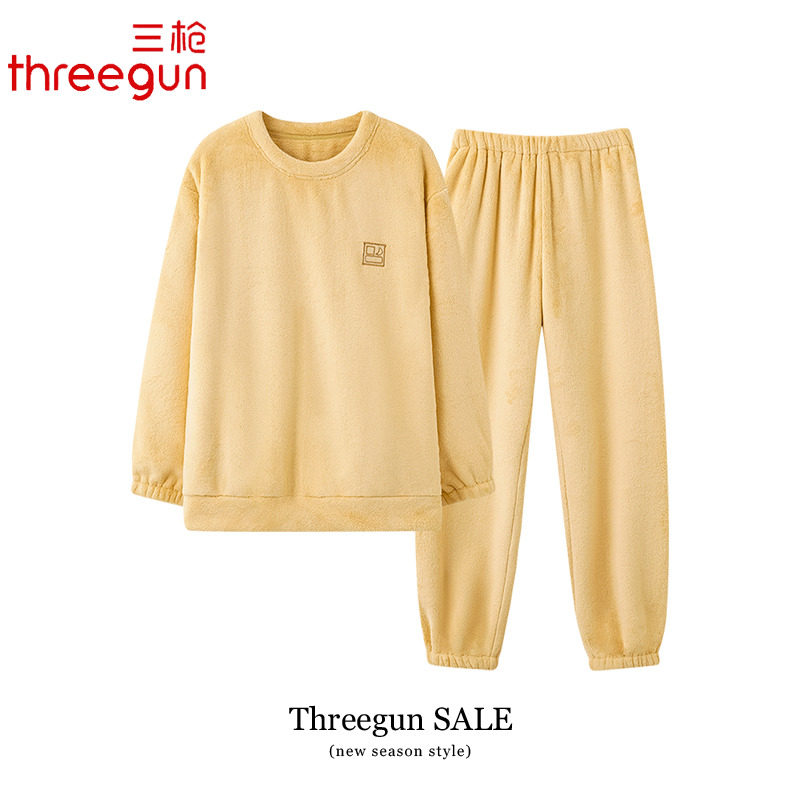 三枪睡衣女士秋冬款珊瑚绒冬季加厚长袖圆领家居服套装保暖法兰绒