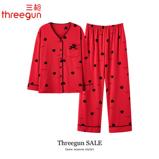 套装 三枪睡衣女士春秋款 印花和服全棉大码 纯棉家居服红色时尚 长袖