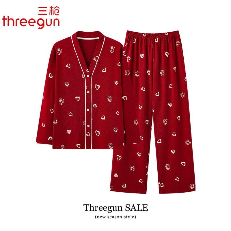 三枪女士睡衣长袖开衫纯棉春秋季红色喜庆家居秋天全棉新款套装
