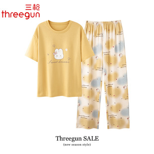 三枪夏季睡衣女款纯棉短袖长裤圆领家居服夏天全棉女士薄款套装