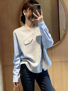 2026年春季新款假两件拼接卫衣女撞色设计感小众圆领套头上衣