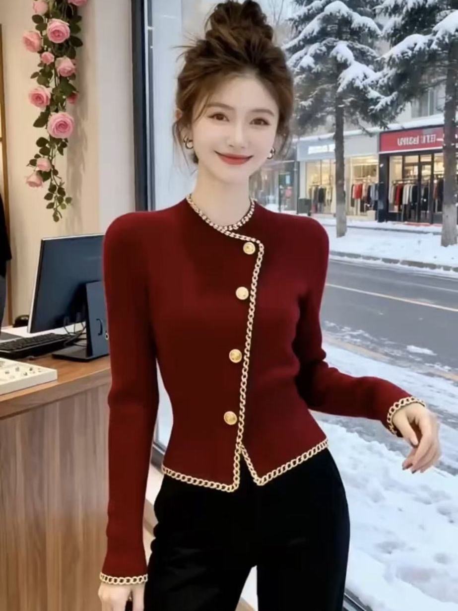 小香风红色气质衬衫女2025冬季新款今年流行爆款高级感显瘦短外套