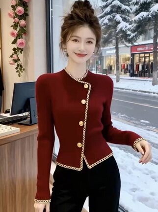 小香风红色气质衬衫女2025冬季新款今年流行爆款高级感显瘦短外套