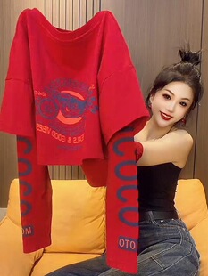 韩系chic洋气减龄高级感上衣多巴胺红色假两件长袖印花T恤女春季