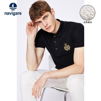 Navigare意大利小帆船含桑蚕丝短袖Polo衫男士商务休闲黑色T恤衫